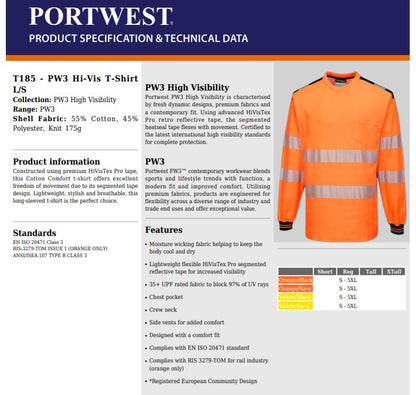 Portwest T185 - Orange/Navy  Medium PW3 Hi-Vis T-Shirt Long Sleeved Reflective