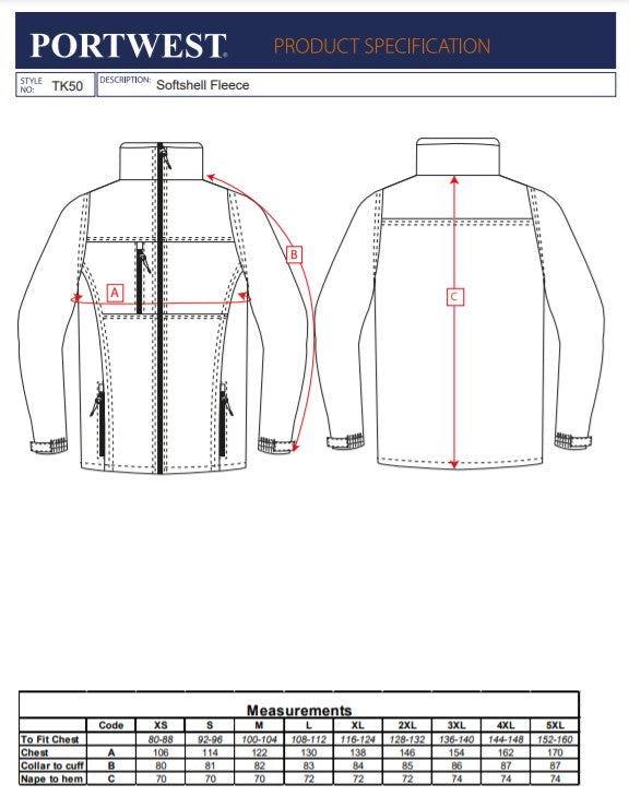 Portwest TK50 Softshell Jacket Microfleece Coat