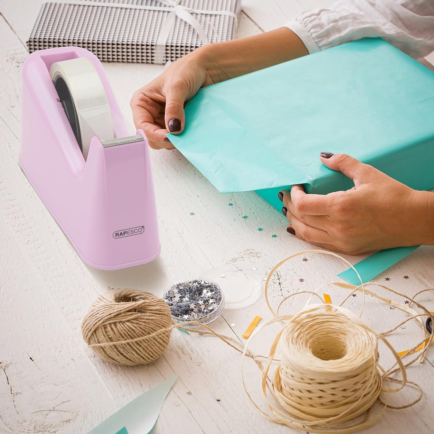 Rapesco 1487 500 Heavy Duty Tape Dispenser with 2 Tape Rolls, Candy Pink