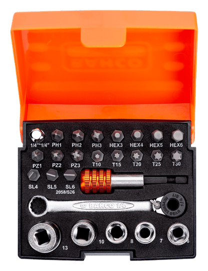 Bahco 2058/S26 26 Piece 1/4_ Drive Ratchet Mini Socket & Screwdriver Bit Set