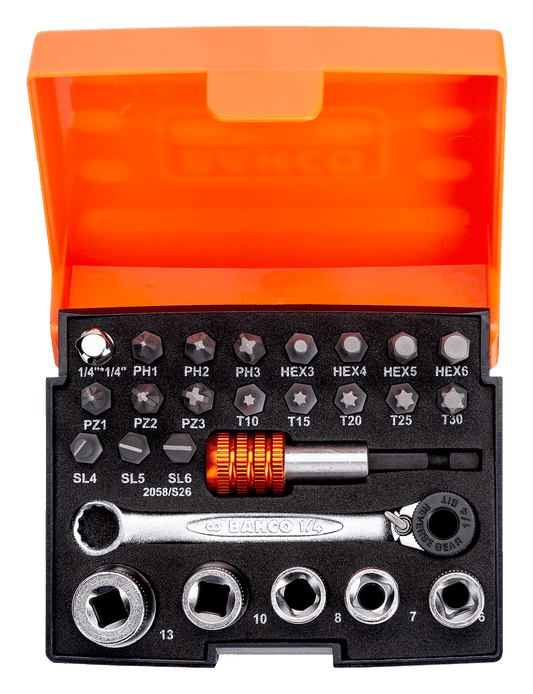 Bahco 2058/S26 26 Piece 1/4_ Drive Ratchet Mini Socket & Screwdriver Bit Set