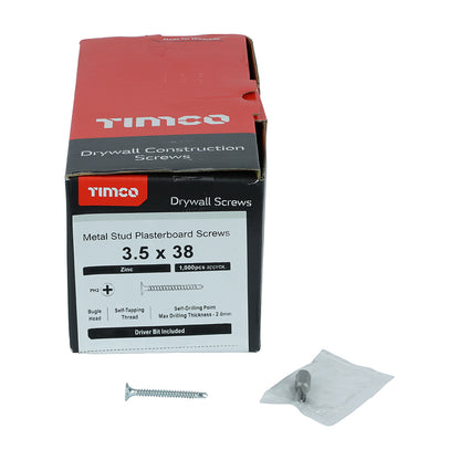TIMCO Drywall Self-Drilling Bugle Head Silver Screws - 3.5 x 38 Box OF 1000 - 00038PSDD