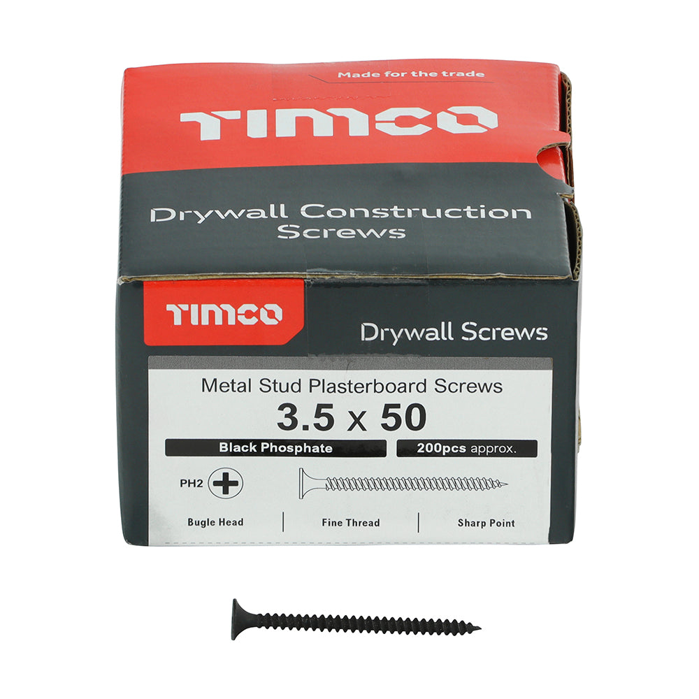 TIMCO Drywall Fine Thread Bugle Head Black Screws - 3.5 x 50 Box OF 200 - 00050DRYS