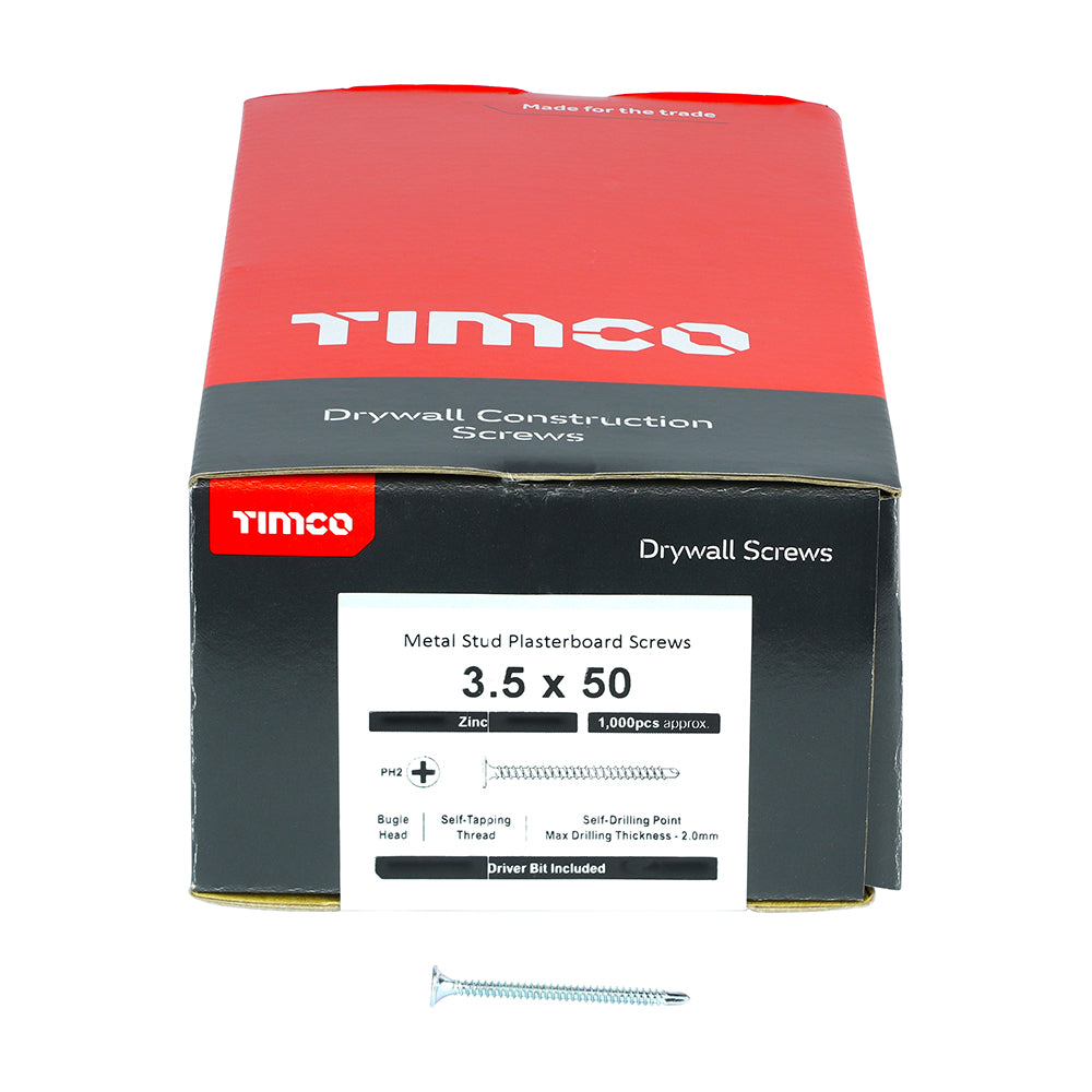 TIMCO Drywall Self-Drilling Bugle Head Silver Screws - 3.5 x 50 Box OF 1000 - 00050PSDD