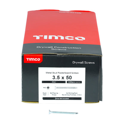 TIMCO Drywall Self-Drilling Bugle Head Silver Screws - 3.5 x 50 Box OF 1000 - 00050PSDD
