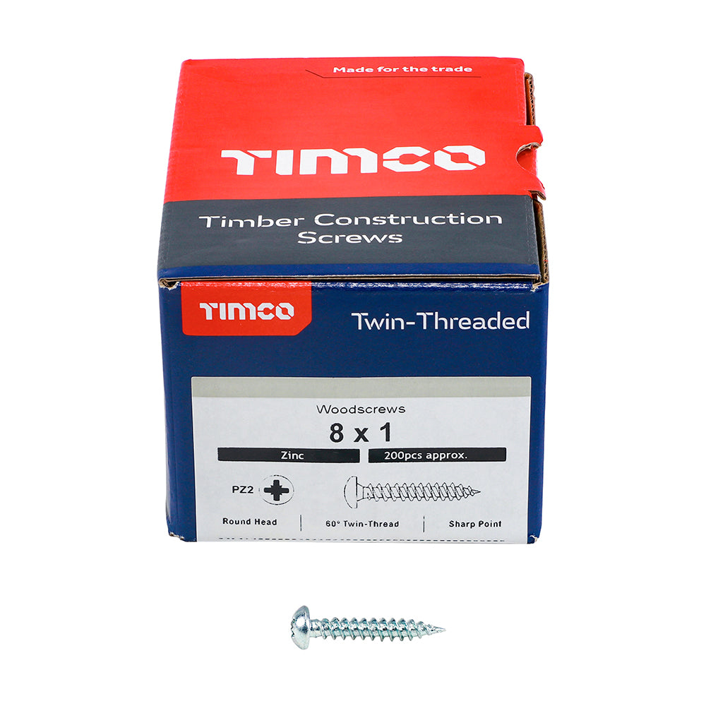 TIMCO Twin-Threaded Round Head Silver Woodscrews - 8 x 1/2 Box OF 200 - 00812CRWZ