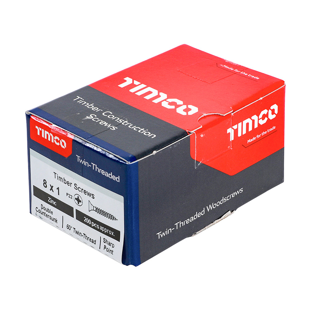 TIMCO Twin-Threaded Countersunk Silver Woodscrews - 8 x 1 Box OF 200 - 00081CWZ