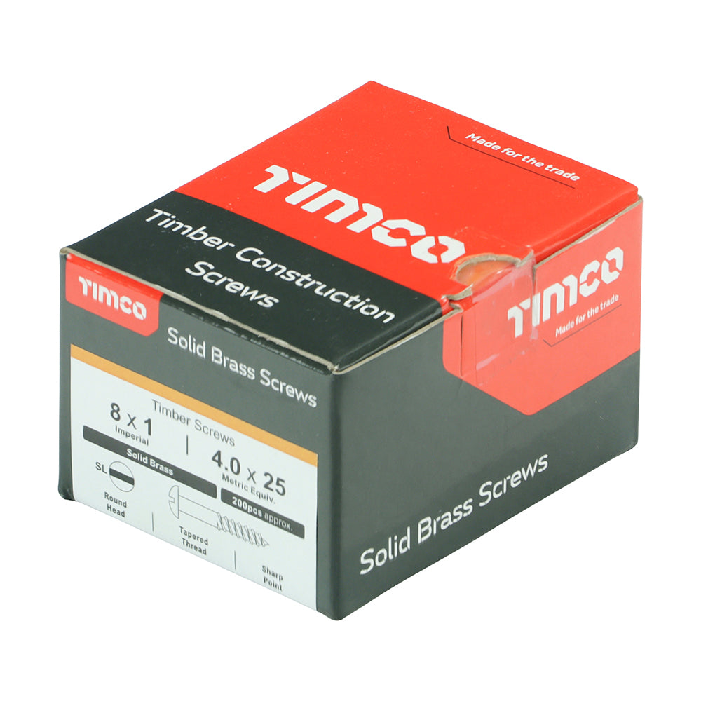 TIMCO Solid Brass Round Head Woodscrews - 8 x 1 Box OF 200 - 00081RBS