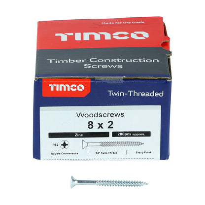 TIMCO Twin-Threaded Countersunk Silver Woodscrews - 8 x 2 Box OF 200 - 00082CWZ