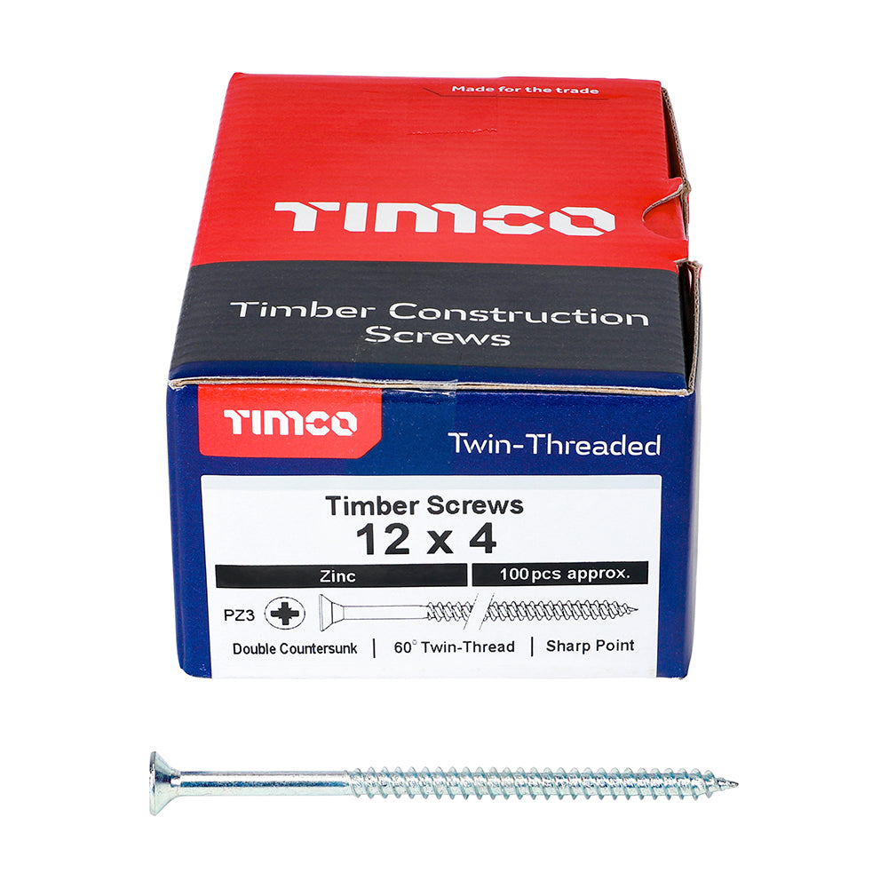 TIMCO Twin-Threaded Countersunk Silver Woodscrews - 12 x 4 Box OF 100 - 00124CWZ