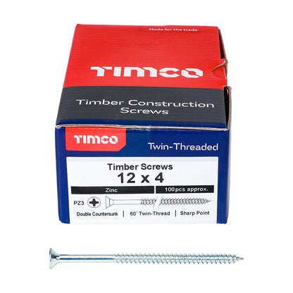 TIMCO Twin-Threaded Countersunk Silver Woodscrews - 12 x 4 Box OF 100 - 00124CWZ