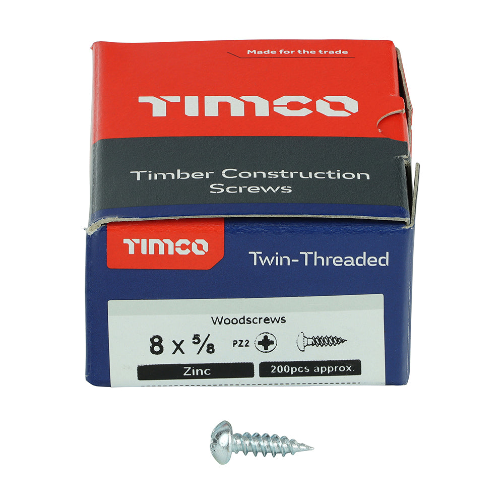 TIMCO Twin-Threaded Round Head Silver Woodscrews - 6 x 5/8 Box OF 200 - 00658CRWZ