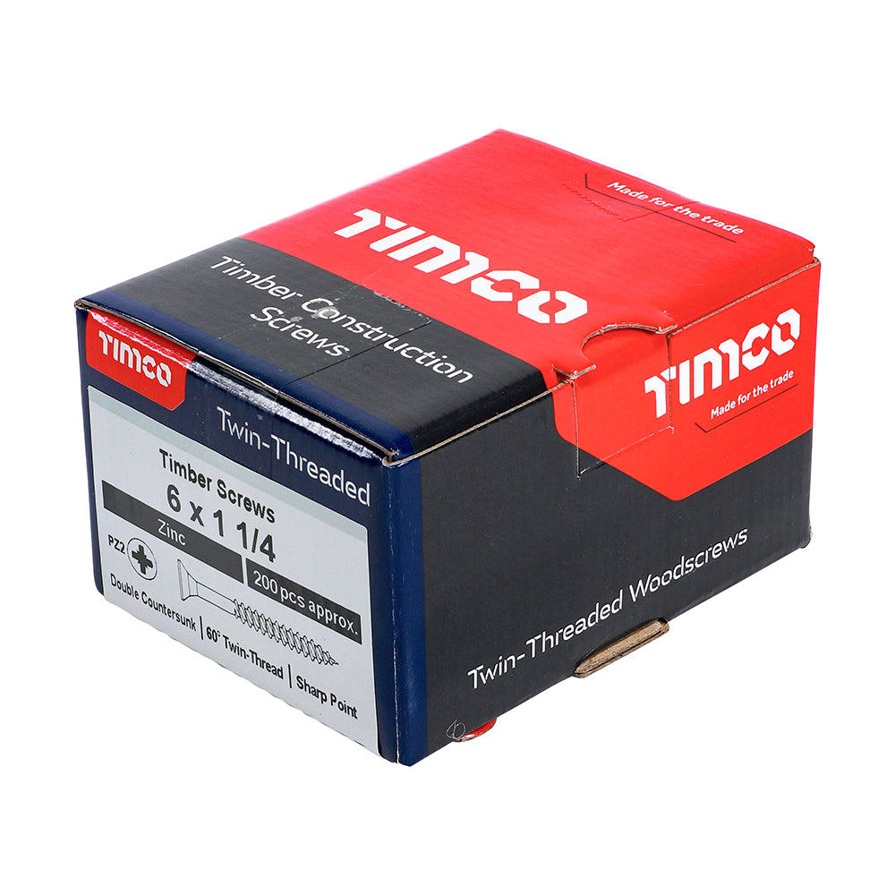 TIMCO Twin-Threaded Countersunk Silver Woodscrews - 6 x 1 1/4 Box OF 200 - 06114CWZ