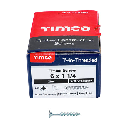 TIMCO Twin-Threaded Countersunk Silver Woodscrews - 6 x 1 1/4 Box OF 200 - 06114CWZ