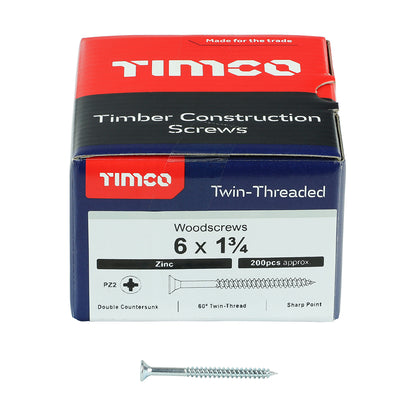 TIMCO Twin-Threaded Countersunk Silver Woodscrews - 6 x 1 3/4 Box OF 200 - 06134CWZ