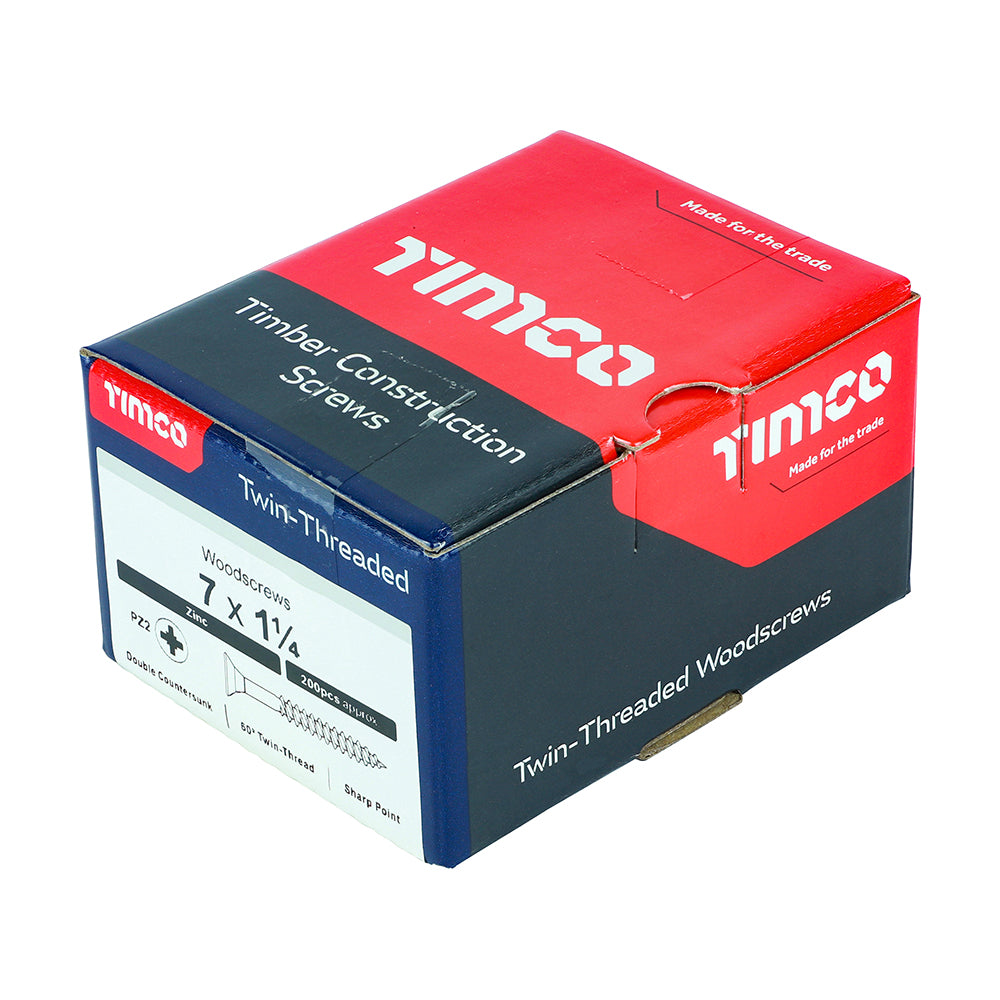 TIMCO Twin-Threaded Countersunk Silver Woodscrews - 7 x 1 1/4 Box OF 200 - 07114CWZ