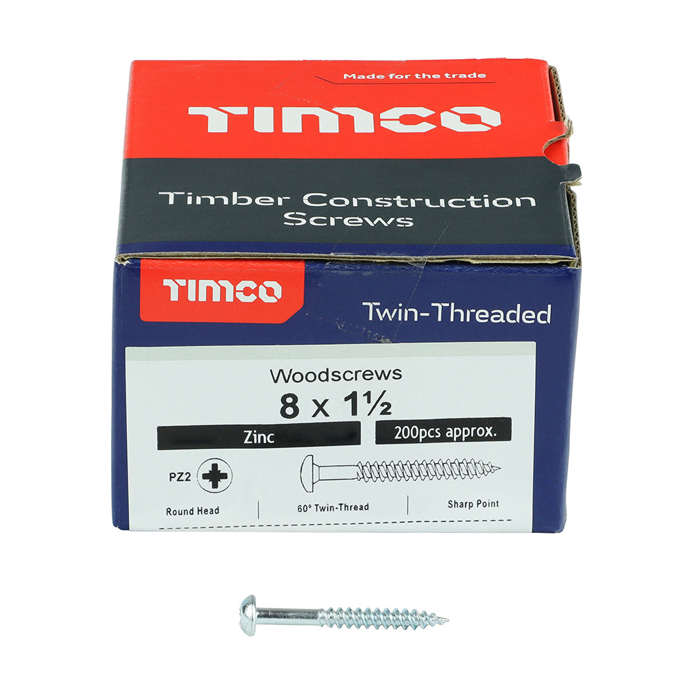TIMCO Twin-Threaded Round Head Silver Woodscrews - 6 x 5/8 Box OF 200 - 00658CRWZ