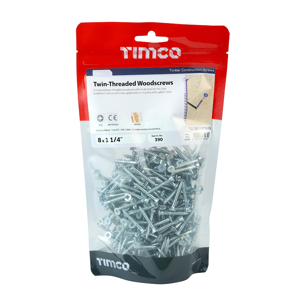 TIMCO Twin-Threaded Countersunk Silver Woodscrews - 8 x 11/4 TIMbag OF 390 - 08114CWZB