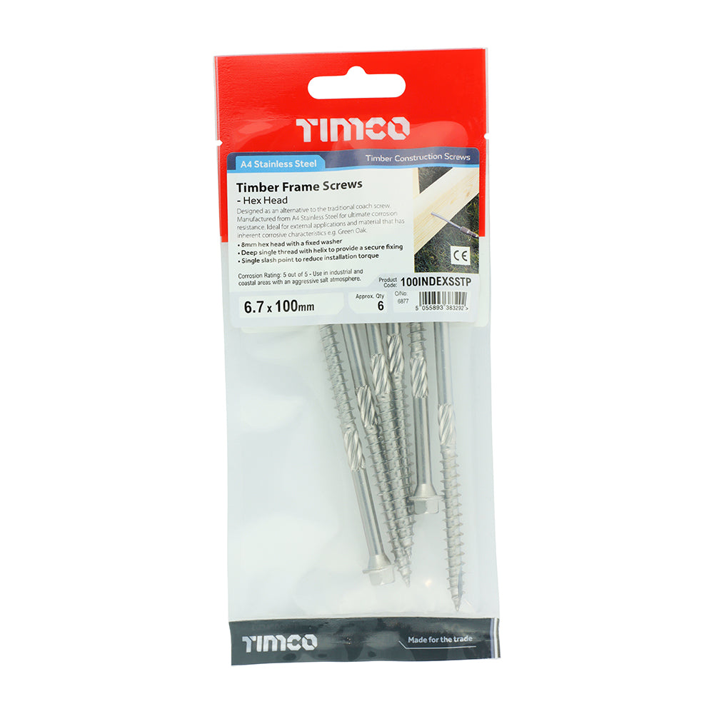 TIMCO Timber Screws Hex Flange Head A4 Stainless Steel - 6.7 x 100 Tube OF 25 - 100INDEXSST