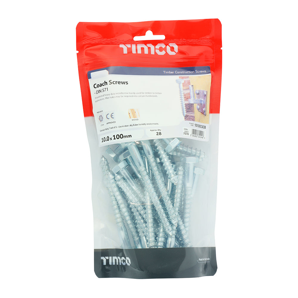 TIMCO Coach Screws Hex Head Silver  - 10.0 x 100 TIMbag OF 28 - 10100CSCB
