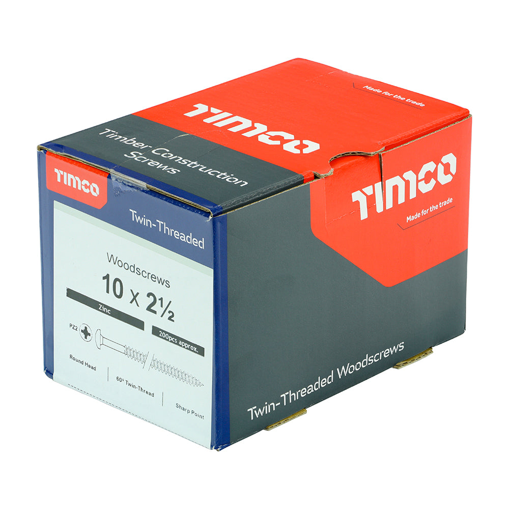 TIMCO Twin-Threaded Round Head Silver Woodscrews - 10 x 21/2 Box OF 200 - 10212CRWZ