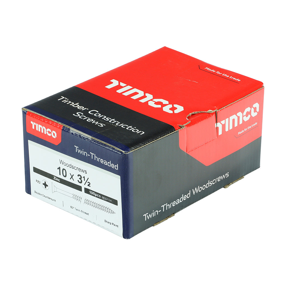 TIMCO Twin-Threaded Countersunk Silver Woodscrews - 10 x 3 1/2 Box OF 100 - 10312CWZ