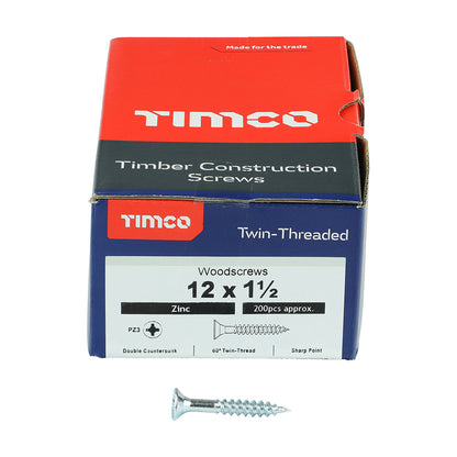 TIMCO Twin-Threaded Countersunk Silver Woodscrews - 12 x 1 1/2 Box OF 200 - 12112CWZ