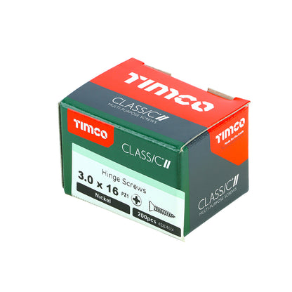 TIMCO Classic Multi-Purpose Reduced Head Countersunk Nickel Piano Hinge Woodscrews - 3.0 x 16 Box OF 200 - 30016CLAHN