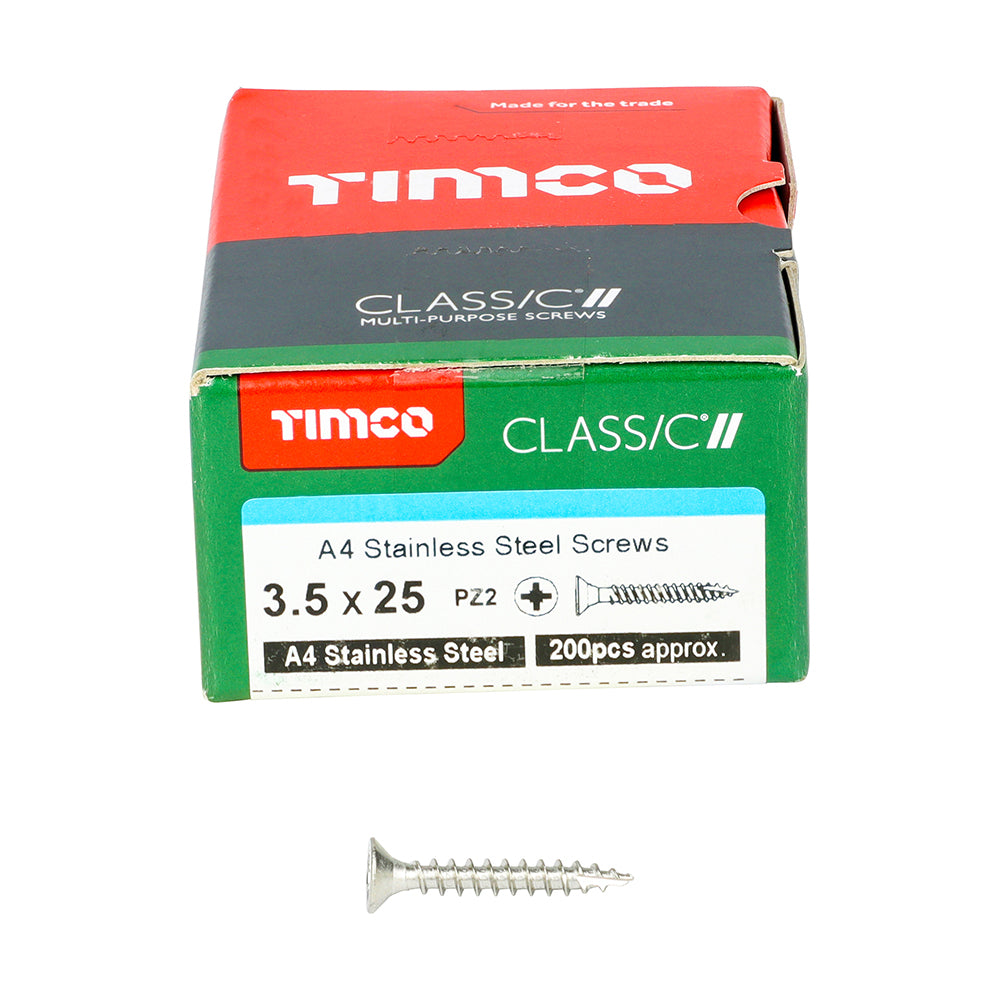 TIMCO Classic Multi-Purpose Countersunk A4 Stainless Steel Woodcrews - 3.5 x 25 Box OF 200 - 35025CLA4