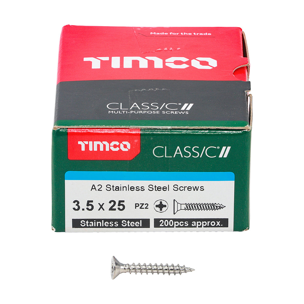 TIMCO Classic Multi-Purpose Countersunk A2 Stainless Steel Woodcrews - 3.5 x 25 Box OF 200 - 35025CLASS