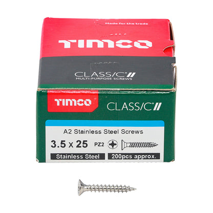 TIMCO Classic Multi-Purpose Countersunk A2 Stainless Steel Woodcrews - 3.5 x 25 Box OF 200 - 35025CLASS