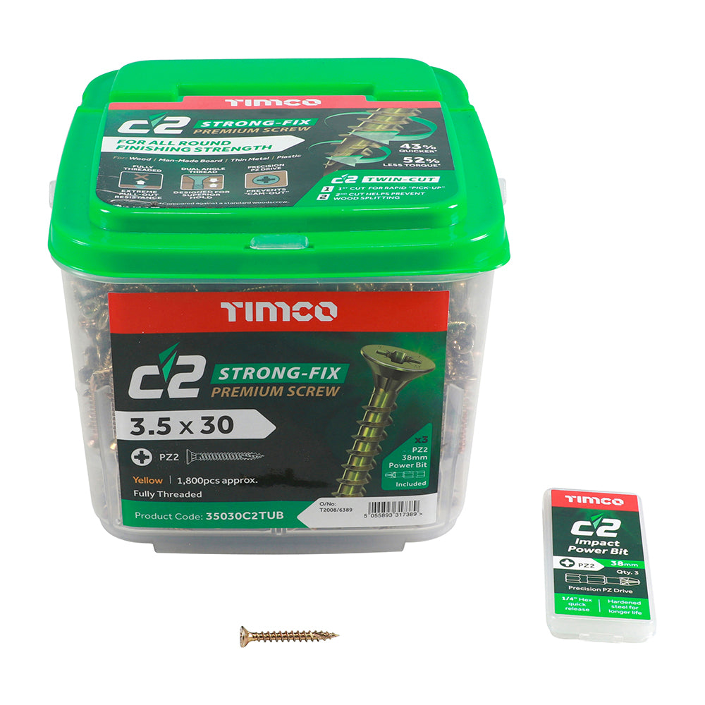 TIMCO C2 Strong-Fix Multi-Purpose Premium Countersunk Gold Woodscrews - 3.5 x 30 Tub OF 1800 - 35030C2TUB