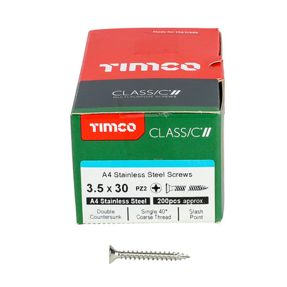 TIMCO Classic Multi-Purpose Countersunk A4 Stainless Steel Woodcrews - 3.0 x 16 Box OF 200 - 30016CLA4