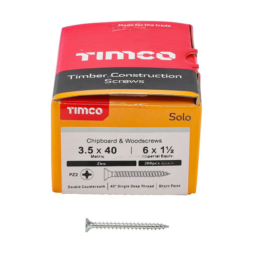 TIMCO Solo Countersunk Silver Woodscrews - 3.5 x 40 Box OF 200 - 35040SOLOZ