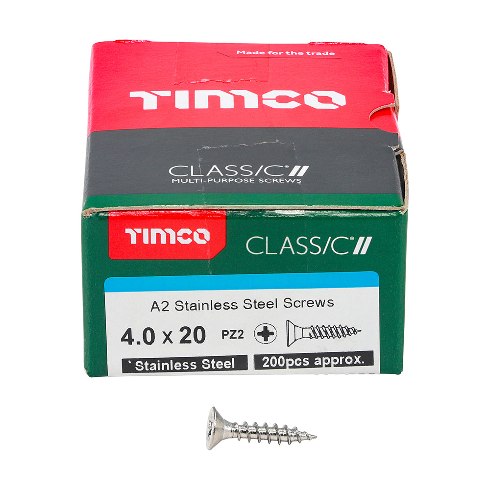 TIMCO Classic Multi-Purpose Countersunk A2 Stainless Steel Woodcrews - 4.0 x 20 Box OF 200 - 40020CLASS