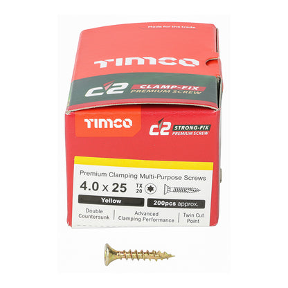TIMCO C2 Clamp-Fix Multi-Purpose Premium Countersunk Gold Woodscrews - 4.0 x 25 Box OF 200 - 40025C2C