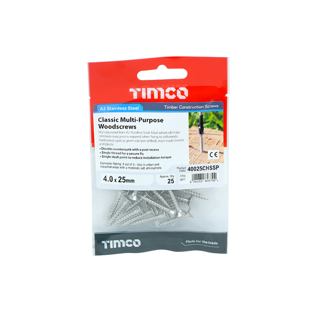 TIMCO Classic Multi-Purpose Countersunk A2 Stainless Steel Woodcrews - 4.0 x 25 TIMpac OF 25 - 40025CHSSP