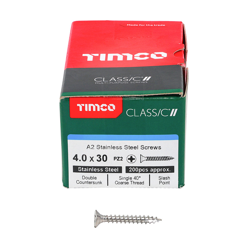 TIMCO Classic Multi-Purpose Countersunk A2 Stainless Steel Woodcrews - 4.0 x 30 Box OF 200 - 40030CLASS