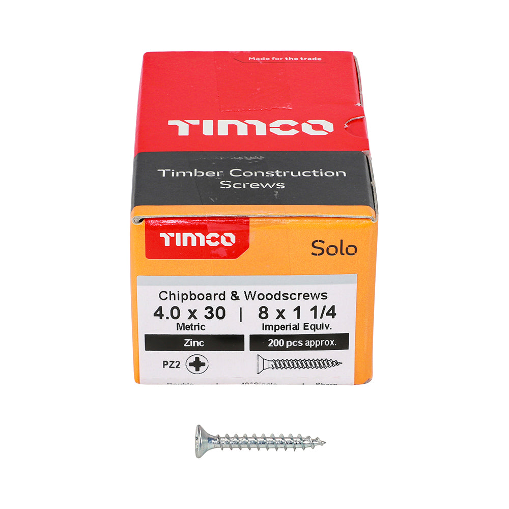 TIMCO Solo Countersunk Silver Woodscrews - 4.0 x 30 Box OF 200 - 40030SOLOZ