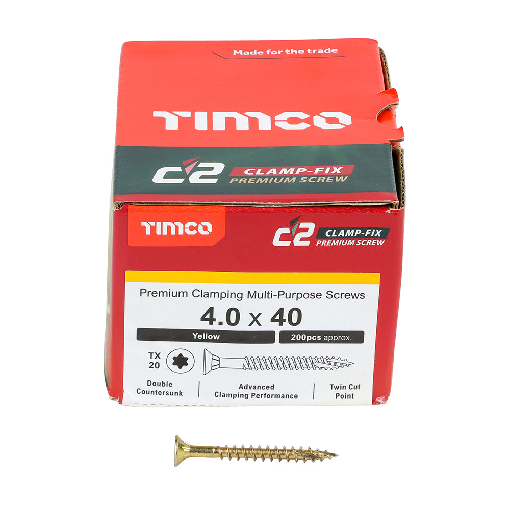 TIMCO C2 Clamp-Fix Multi-Purpose Premium Countersunk Gold Woodscrews - 4.0 x 25 Box OF 200 - 40025C2C