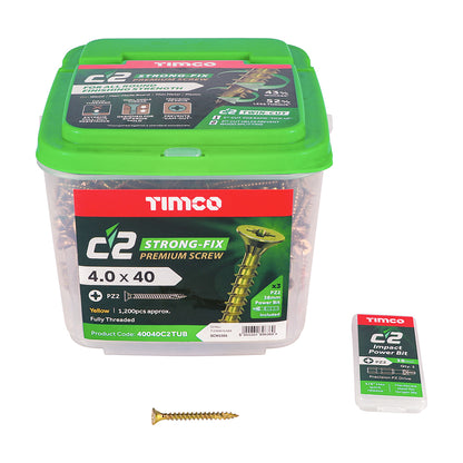 TIMCO C2 Strong-Fix Multi-Purpose Premium Countersunk Gold Woodscrews - 4.0 x 40 Tub OF 1200 - 40040C2TUB