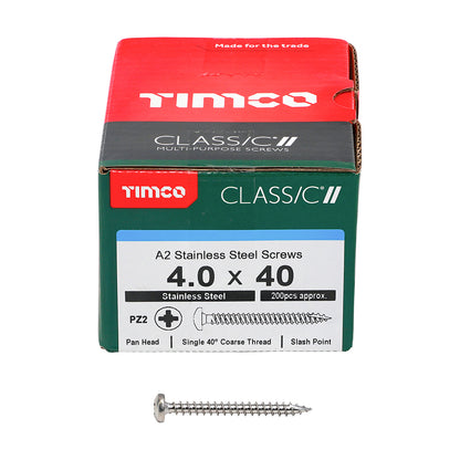 TIMCO Classic Multi-Purpose Pan Head A2 Stainless Steel Woodcrews - 5.0 x 40 Box OF 200 - 50040CLAPSS