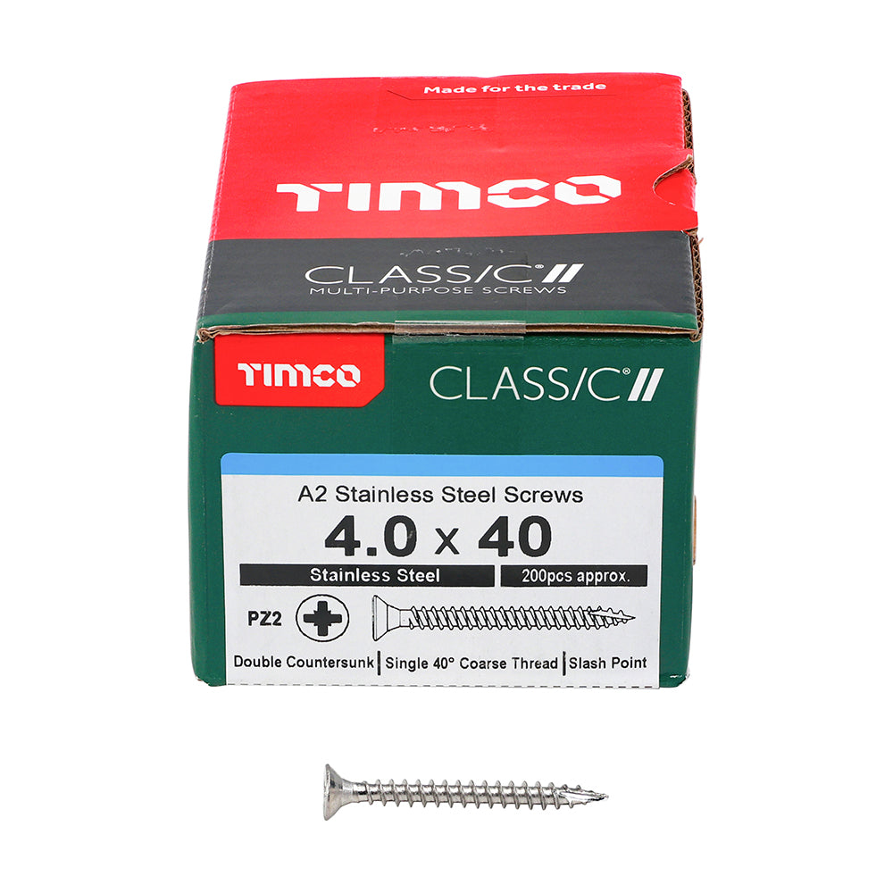 TIMCO Classic Multi-Purpose Countersunk A2 Stainless Steel Woodcrews - 4.0 x 40 Box OF 200 - 40040CLASS