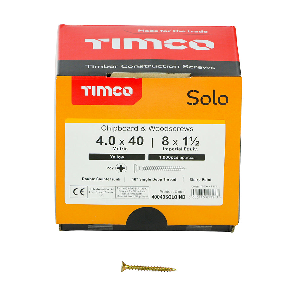TIMCO Solo Countersunk Gold Woodscrews - 4.0 x 40 Box OF 1000 - 40040SOLOIND