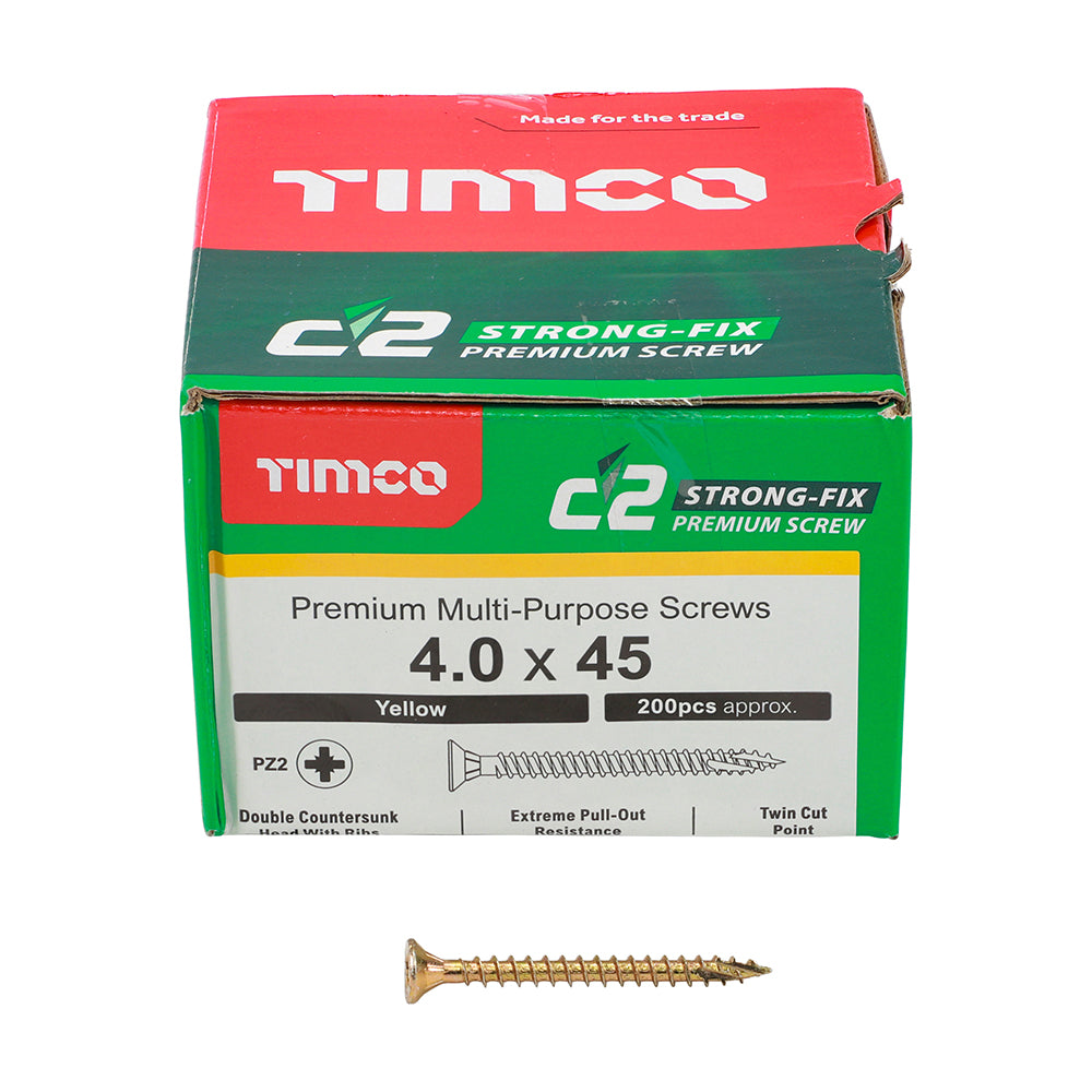 TIMCO C2 Strong-Fix Multi-Purpose Premium Countersunk Gold Woodscrews - 4.0 x 45 Box OF 200 - 40045C2