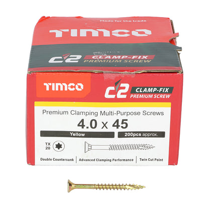 TIMCO C2 Clamp-Fix Multi-Purpose Premium Countersunk Gold Woodscrews - 4.0 x 25 Box OF 200 - 40025C2C
