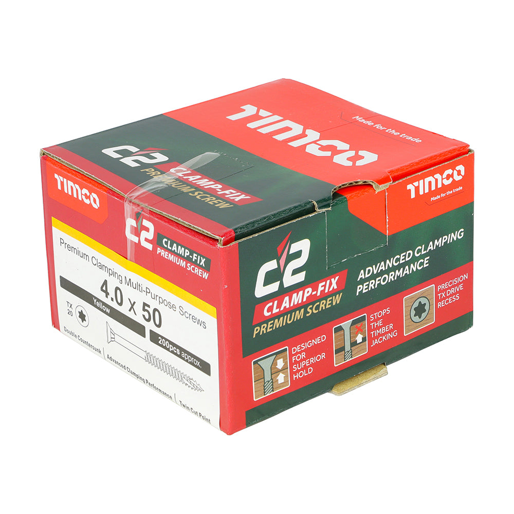 TIMCO C2 Clamp-Fix Multi-Purpose Premium Countersunk Gold Woodscrews - 4.0 x 25 Box OF 200 - 40025C2C