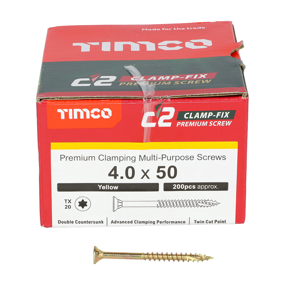 TIMCO C2 Clamp-Fix Multi-Purpose Premium Countersunk Gold Woodscrews - 4.0 x 50 Box OF 200 - 40050C2C