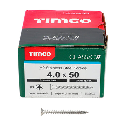 TIMCO Classic Multi-Purpose Countersunk A2 Stainless Steel Woodcrews - 4.0 x 50 Box OF 200 - 40050CLASS