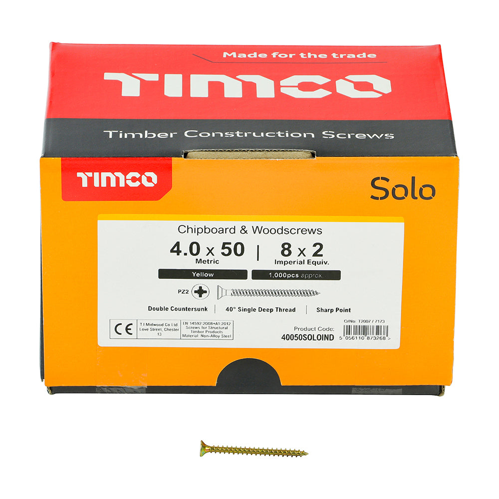TIMCO Solo Countersunk Gold Woodscrews - 4.0 x 50 Box OF 1000 - 40050SOLOIND